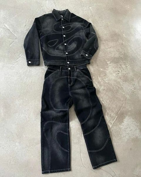 Streetwear Mens Clothing Harajuku Punk Striped Embroidered Denim Jacket Coat Goth Black Straight Pockets Skull Graphic Trousers 250813