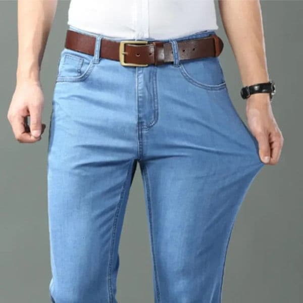 Ice Silk Thin Denim Jeans For Men Blue Straight Stretch Cotton Pants Business Casual Lightweight Trousers Spring Summer 250729BANJIA