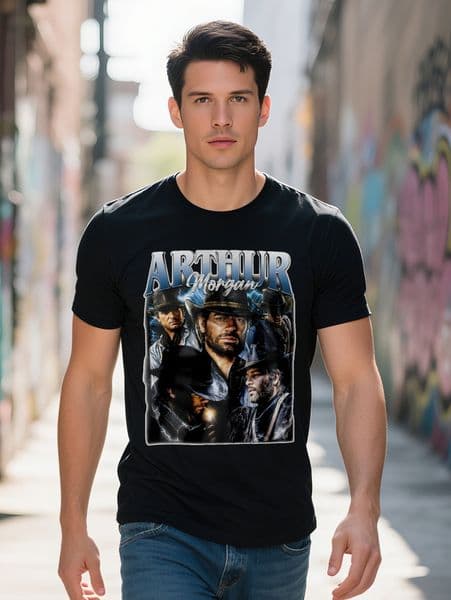 S Casual Crew Neck T Shirt Ahur Morgan Cowboy Hat Print Regular Fit Summer Top Ideal Gift for Men Western