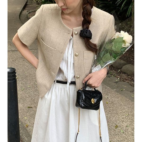 Temperament Suit Jacket Women Summer Single Breasted Slim Short Sleeved Top Harajuku Coat Womens Tweed Pink Shirt w250729