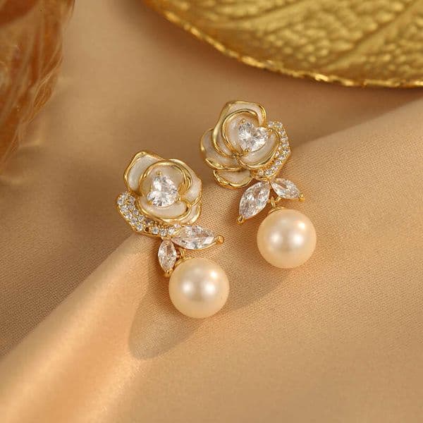 French Style Glazed Camellia Pearl S Sier Needle High-end Simple Fashion Stud Elegant Sweet Earrings