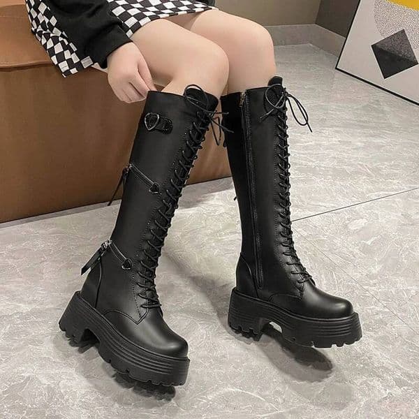 NEW Women Platform Knee High Boots Winter Warm Plush Long Boots Leather Motorcycle Boots Lace Up Chunky Sneakers CM High Heels Designer Shoes Women Shoes