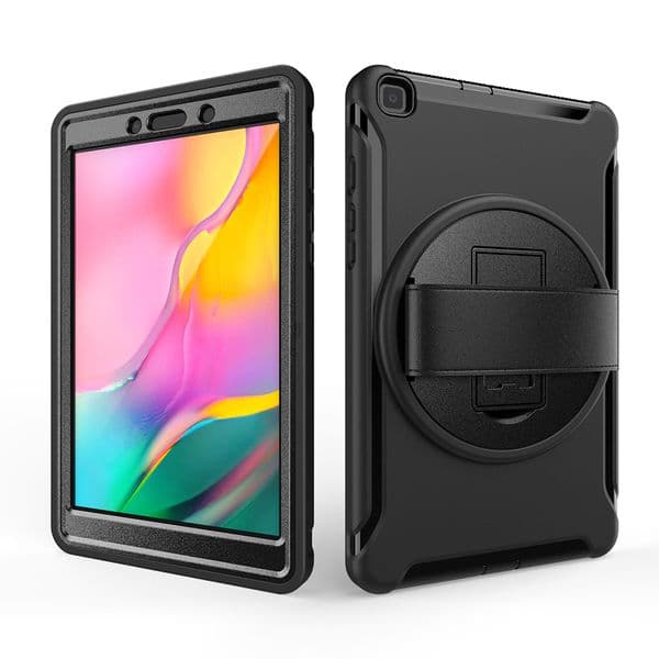 360 Degree Rotating Stand Case For Samsung Galaxy Tab A 8.0 inch (2019) Bracket Hand strap Case, Durable and anti drop tablet protective Cover T290/T295(black)(PET Film)