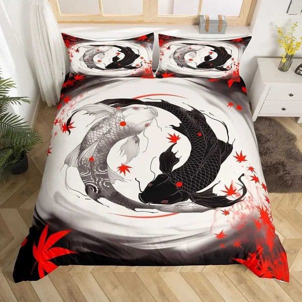 Japanese Goldfish Duvet Cover Set Fantasy Yin Yang Cherry Blossom Flowers Comforter Cover Set Blue Sea Wave Breathable Bedding W250815