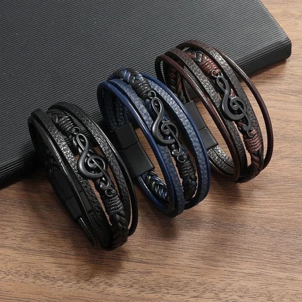 Pulsera Hombre Bracelets For Men Retro Creative Music Symbol Simple Leather Multi-layer Bracelets Magnetic Buckle Jewelry 250812
