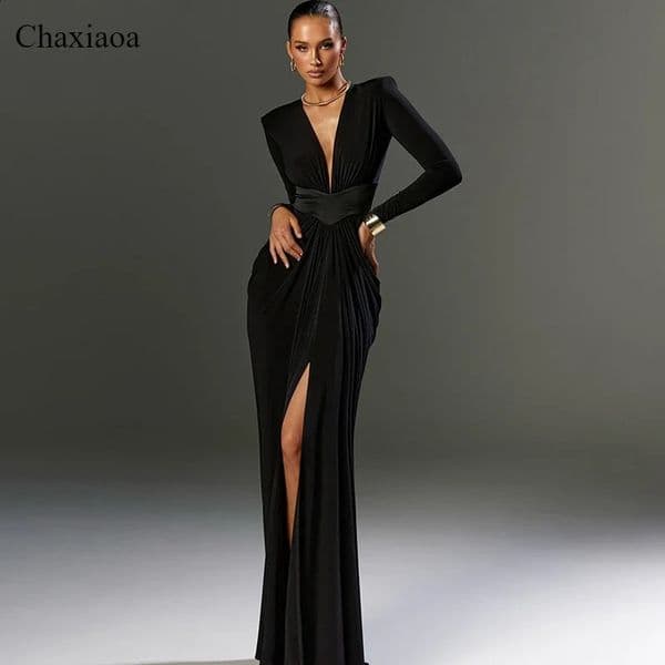 Chaxiaoa Women Chic Sexy Elegant Fashion Low Cut Out Black High Waisted Maxi Dress Evening Long Sleeve Party Night Club Dress 250808