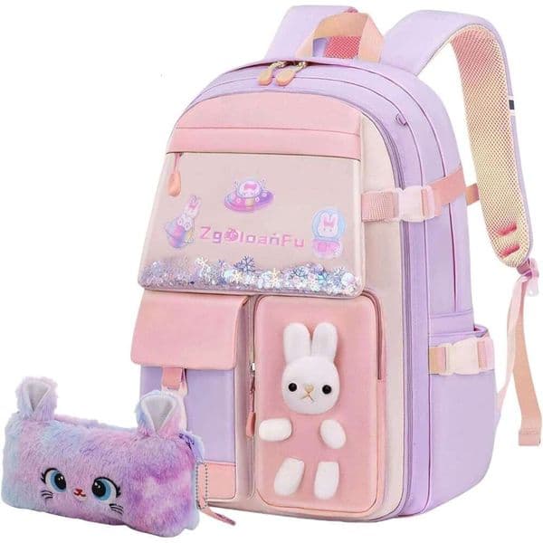 kistou Girl Backpack,School Backpack Rainbow,Kawaii Children Backpack,Elementary School Bag,with Pencil Case,Purple Bunny Backpack,M 123 123