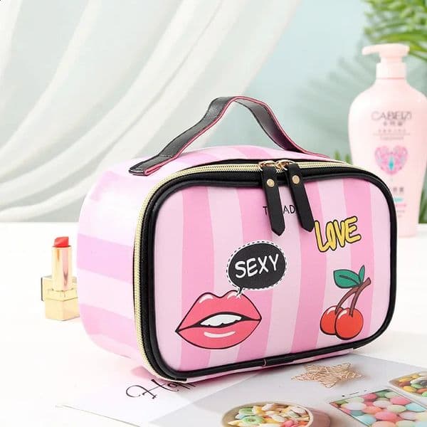Makeup Case Leather Portable Women Cosmetic Bag Multifunction Travel Toiletry Storage Organize Handbag Waterproof Female 250812