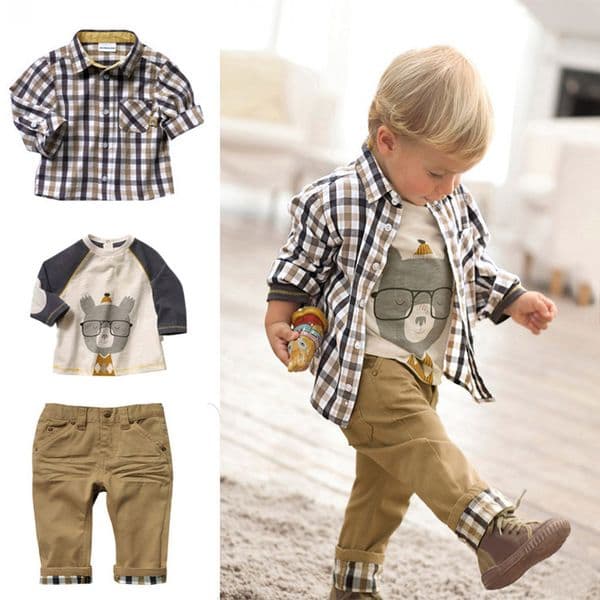 Kid Boys Clothes spring suit boys long sleeve Plaid Coat T-shirt Pant 3 pcs set Summer Children Boys Clothing Sets S260415