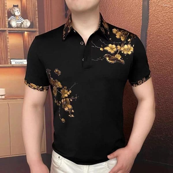 Men's Polos Luxury Flower Embroidered Rhinestone Lapel T-shirt Men Summer Short Sleeve Casual Business POLO Shirts Social Banquet Tshirts