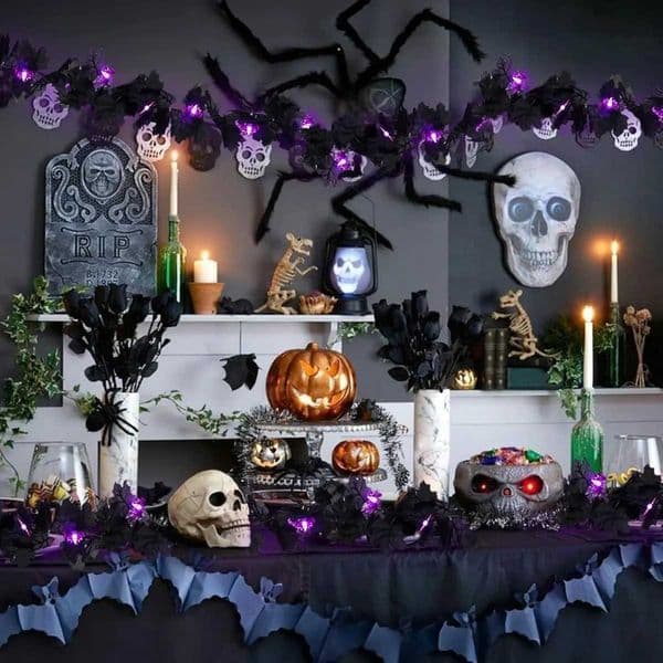 2pcs/set Halloween Black Maple Leaf Purple Bat String Light Garland White Lights With Hook For Home Halloween Party Decoration Z250816