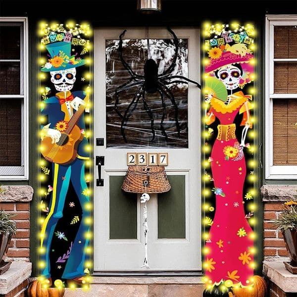 2PCS Mexican Day of The Dead Decoration Halloween Ghost Sign Door Couplets Hanging Door Curtain Banner Skeleton Couple Ghost 250815