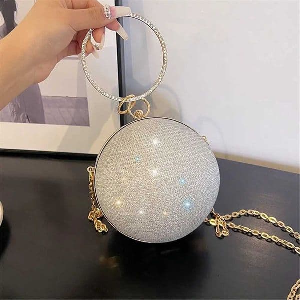 Gold Bright Silk Circular Evening Bag Women Banquet Clutch Rhinestone Decor Chain Shoulder Bags Luxury Female Party Handbags W250816