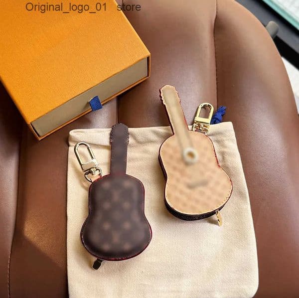 Mini Guitar Pouch Bag Charm Brown Flower Design Handmade Leather Keychain for Keys or Bag Z250814