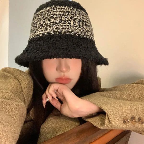 Trend Striped Knitted Warm Bucket Hat Folded Crochet Beanies Fisherman Hat 250815