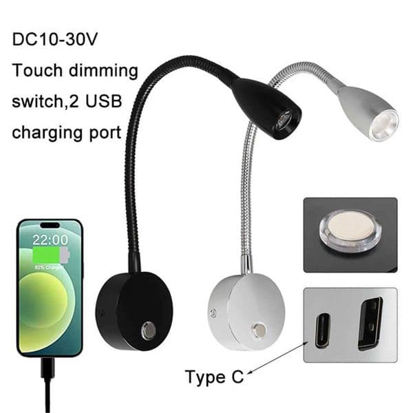 12V 24V RV Dimmable Reading Lamp with Type C USB Charger Touch Switch 2 USB Charging Ports LED Light for Boat Camper Van Trailer X250815