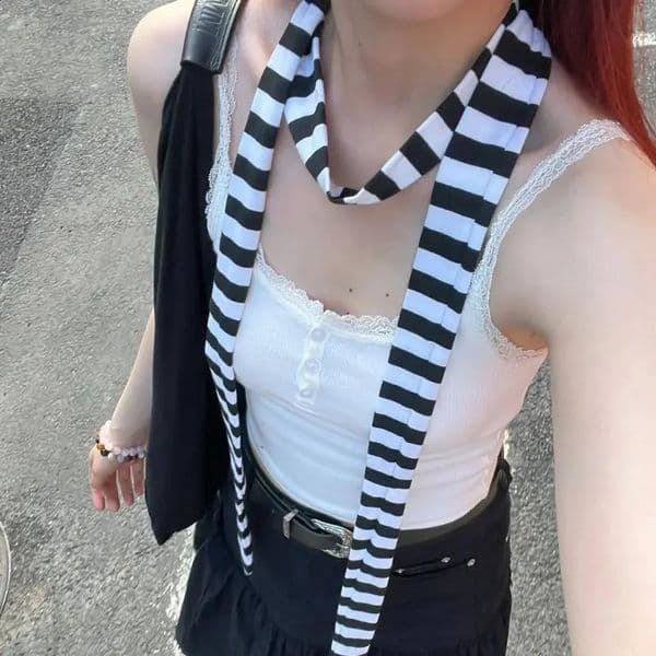 Harajuku Punk Retro Long Thin Narrow Strip Neckscarf Fashion Grey Red Black Striped Knitted Scarf Winter Warm Casual Streetwear 250811
