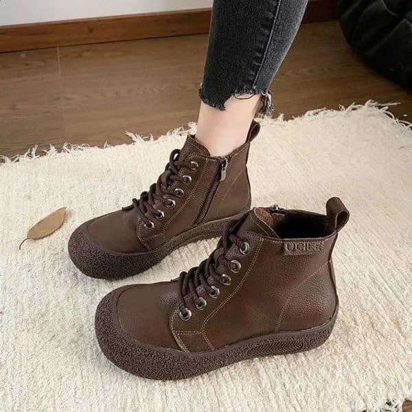 Women Pu Leather Ankle Boots Lace-Up Platform Shoes Ladies Wide Fit Short Boots Woman Oxfors Sneakers Brown Booties 250815