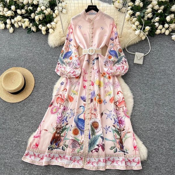 Spring Holiday Bohemian Flower Robe Dress Women Turtleneck Long Lantern Sleeve Single Breasted Floral Print Belt Female Clothing 250808