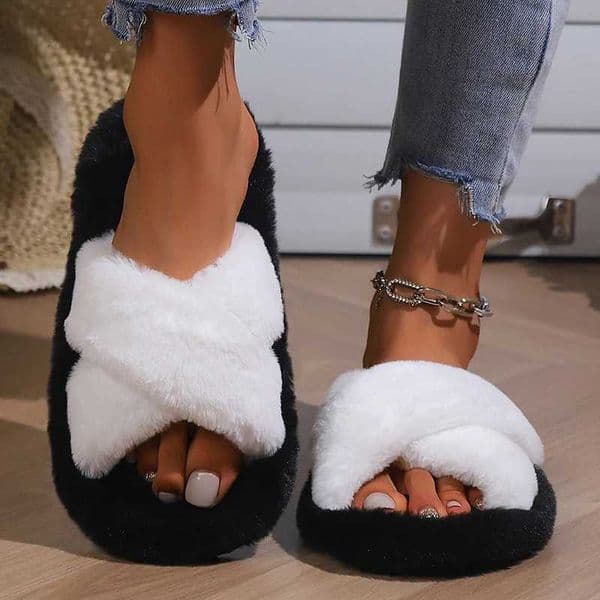 ioni Color Block Fur Fuzzy Cross Strap Open Toe Indoor Slides for Women Non Slip Warm Plush House Slippers Y250818