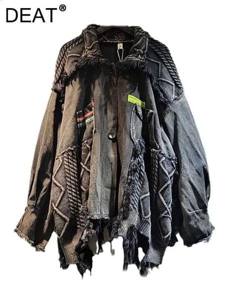 DEAT Womens Denim Coat Patchwork Knitted Washed Black Gery Irregular Do Old Loose Jackets Summer Fashion 29L8172 250801