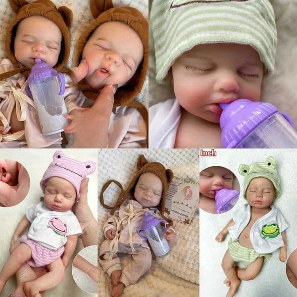 13 Inch LouLou Full Solid Silicone Reborn Baby Doll Lifelike Sleeping Preemie Bebe Reborn with Frog&Bear Outfit & Feeding Bottle Realistic Kids Collectible Gift Toy