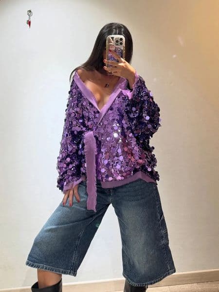 Retro Large Sequins Lace Up Shirt Women Fashion Glitter Loose Solid Vneck Open Shirts Coat Female Chic Street Outwear 250801