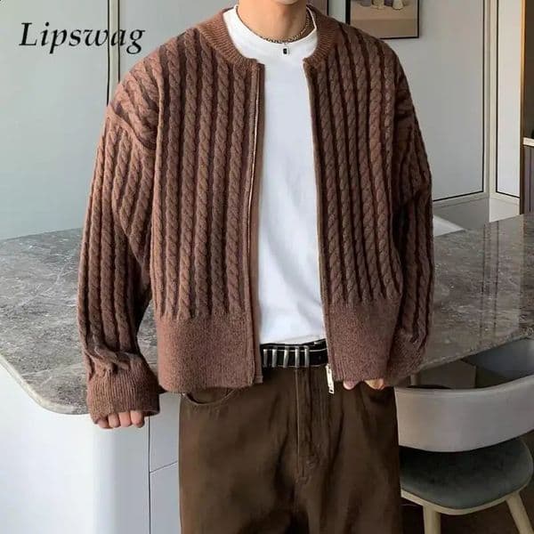 Fall Winter Casual Mens Knit Jacket Coat Vintage O Neck Long Sleeve Zipup Sweatercoats Men Slim Fit Twist Crochet Cardigan 250801