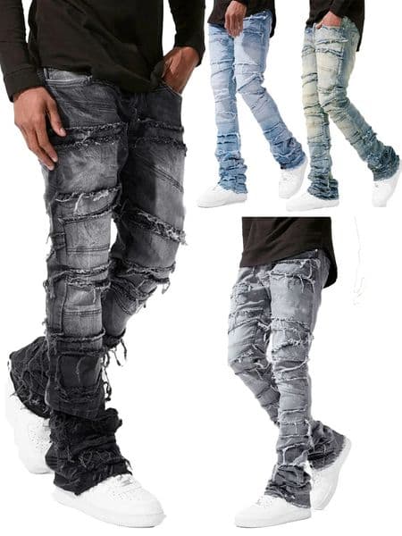 Stacked Jeans Men Patchworks Spliced Denim Ripped Wash Frayed Pants Males Streetwear 250818BJ