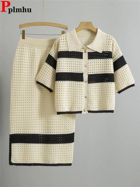Hollow Out n 2 Piece Sets Women Lapel Neck Knitted Short Sleeve Tops Cardigan Conjuntos High Waist Straight Skirts Outfit 250801