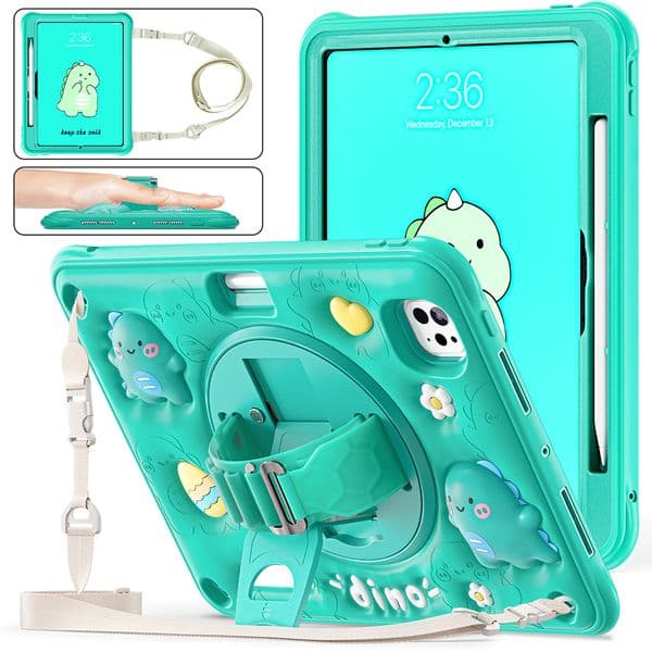 For iPad Pro 11 M4 7th Gen Tablet Case 11" soft silicone Durable and drop resistant 3D cute cartoon dog ,bear,dolphin,duck,dragon, 360 Degree Rotating Stand +Shoulder Strap