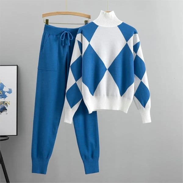 Womens Fashion Knitted Checkered Turtleneck Sweater 2 Piece Autum Winter Casual Lace Up Pocket Pants Sports Female Suit 250818