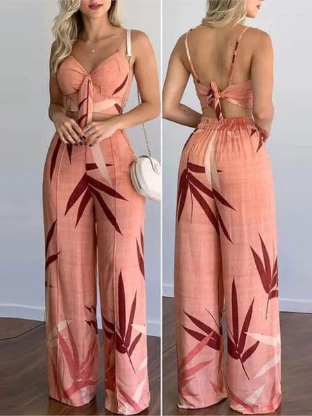 Women's Two Piece Pants Elegant Outfits For Women 2025 Sexy V-Neck Strap Backless Lace-up Slim Crop Top & Wide Leg Sets Summer Lady Suit