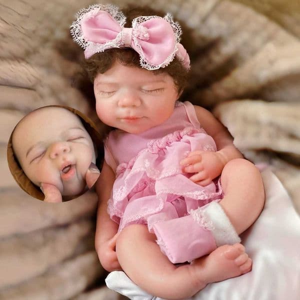Handmade Lifelike Reborn Newborn Doll, Full Body Silicone Sleeping Baby Doll with Pink Ruffle Dress & Bow Headband, Realistic Collectible Present for Doll Enthusiasts