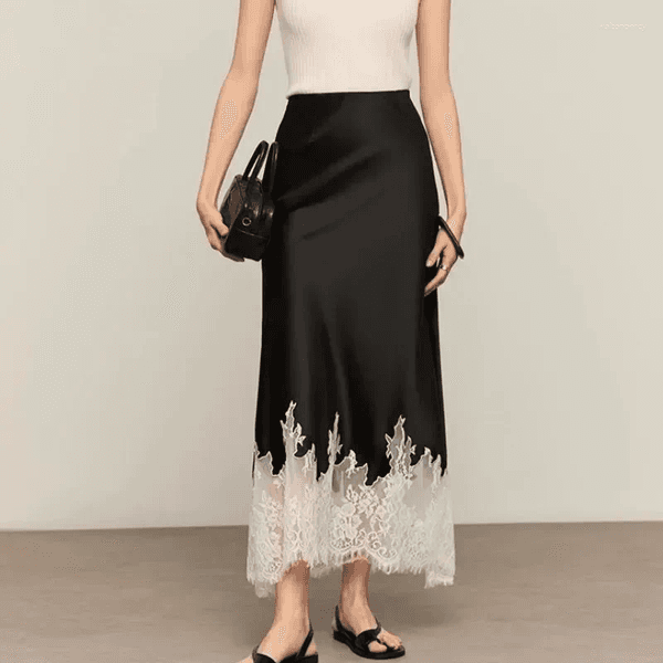 Skirts Fairy Lace-Trim Midi Skirt High Wasit Elegant Wrapped Hip Long Party 2025 Fashion Trends Summer Women Clothing