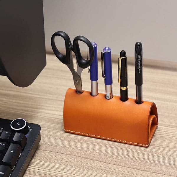 Handmade Genuine Leather Pen Holder Multifunctional Vegetable Tanned Leather Cowhide Pen Insert Storage Creative Office Ornament Makeup Brush 250818BJ