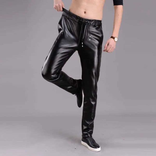 Mens Leather Pants Elastic High Waist Casual PU Leather Trousers Korean Fashion Skinny Pants Mens Motorcycle Pants Waterproof W250819