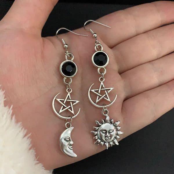 /Pentagram Crescent Goddess Black Birthstone Earrings Gothic Jewelry Sun/Moon Jewelry 250812