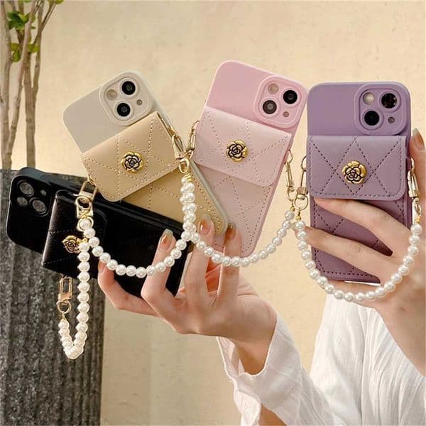 3D Camellia Flower Card Bag Pearl Chain Silicone Soft Case for iPhone 15 14 Pro Max 13 12 11 X XR 8 Plus Shockproof Cover Z250819