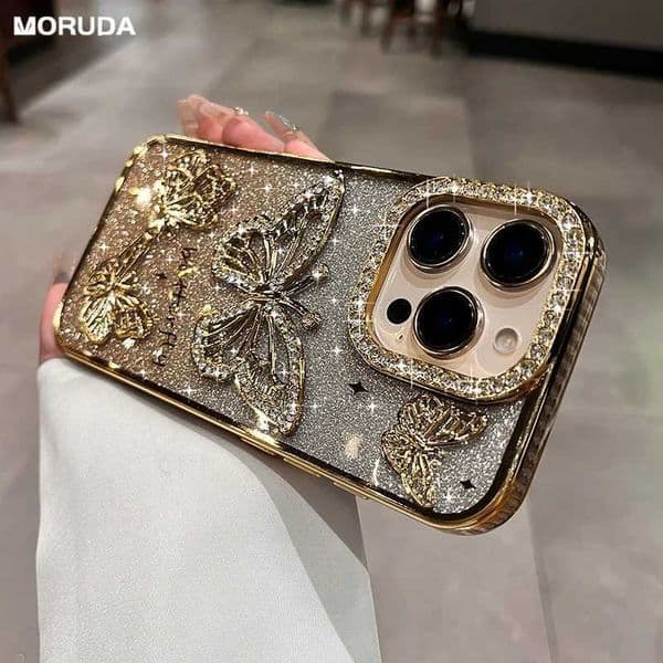 Cute Cartoon 3D Butterfly Diamond Case for iPhone 16 15 14 13 12 11 Pro Max Plus Glitter Gradient Plating Soft Shockproof Cover Z250819