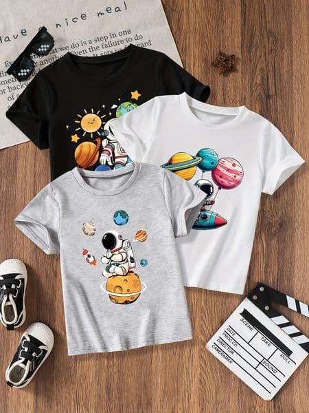 T-shirts Boys Set of Three Short-Sleeve Astronaut Print Breathable Quick-Dry Tees L260514KIEP