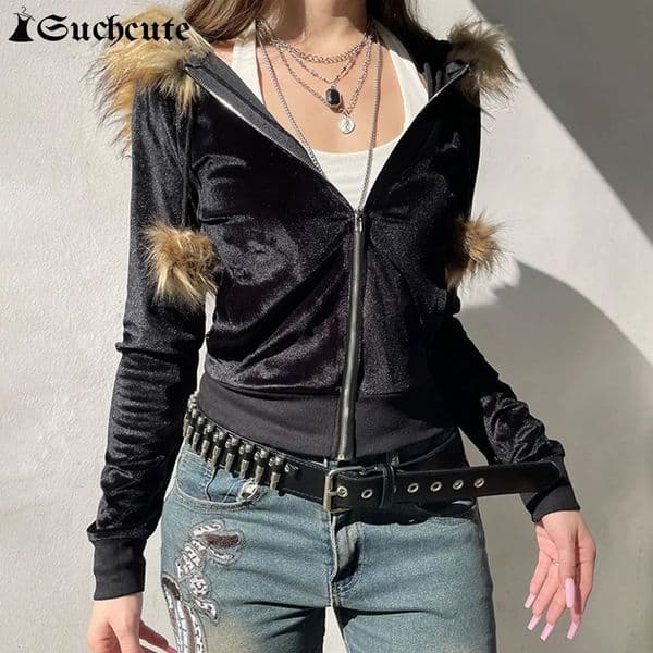 SUCHCUTE Y2K Aesthetic Faux Feathers Hooded Cardigan Black Velvet Furry Ball Decorate Zip Up Hoodies Jackets Retro Gothic Coats 250819BJ