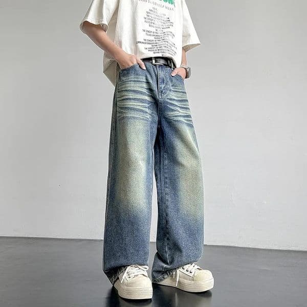 Spring Trendy Jeans Metal Ring Male Gradient Color Washed Straight Male Denim Pants Wide Leg Casual Baggy Jeans 250818BJ