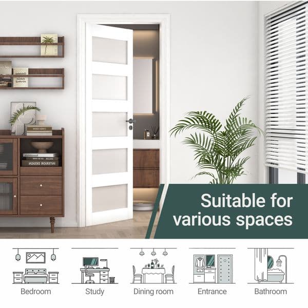 32"x 80" Interior Slab Door, 5-Lite Glass French Door Slab, Pre-Assembled White Primed Solid Core Panel w/o Prehung Jamb, for Pantry Closet Laundry Bedroom Bathroom Office