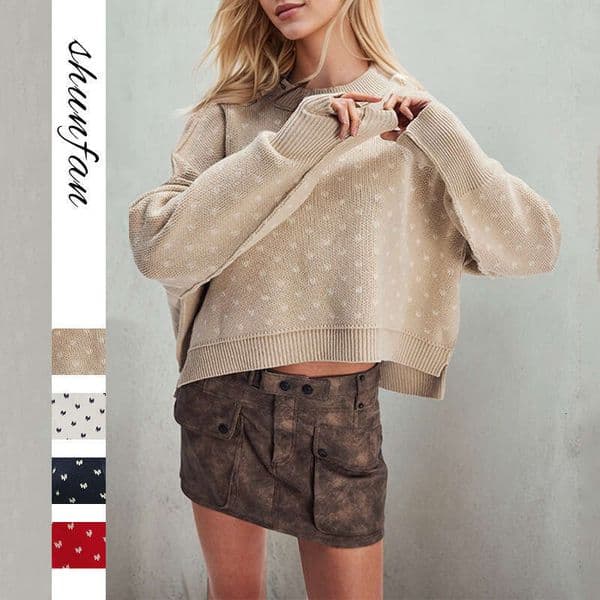 New Autumn Winter Women's Fashion Round Neck Knitted Sweater Short Loose Heart Peach Pullover B5