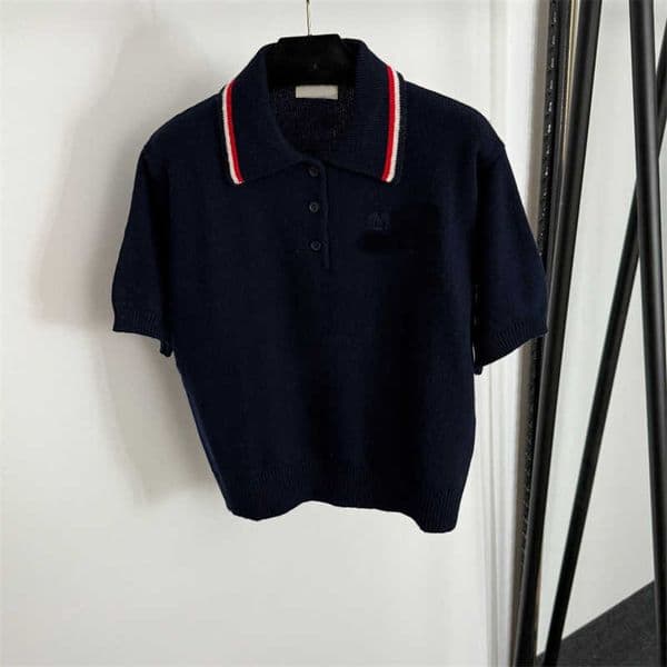 navy blue designer t shirt women wool knitted top logo letter patch tshirt Polo collar short-sleeved tee fashion t-shirt