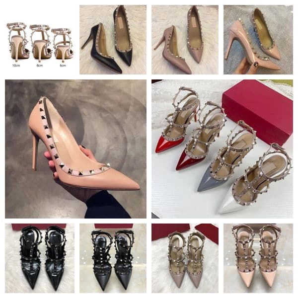 Designer Shoes 2 straps Sandals High Heel Rivets V Brand Women Shoes 6cm 8cm 10cm Thin Heels Nude Black Shiny Patent Leather Red Pumps with Dust Bag 34-44