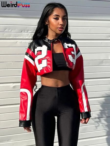 Weird Puss Faux Leather Varsity Jacket Women Hipster Letter Print Autumn Casual Sporty Wild Streetwear Uniform Trend Crop Coat 250820