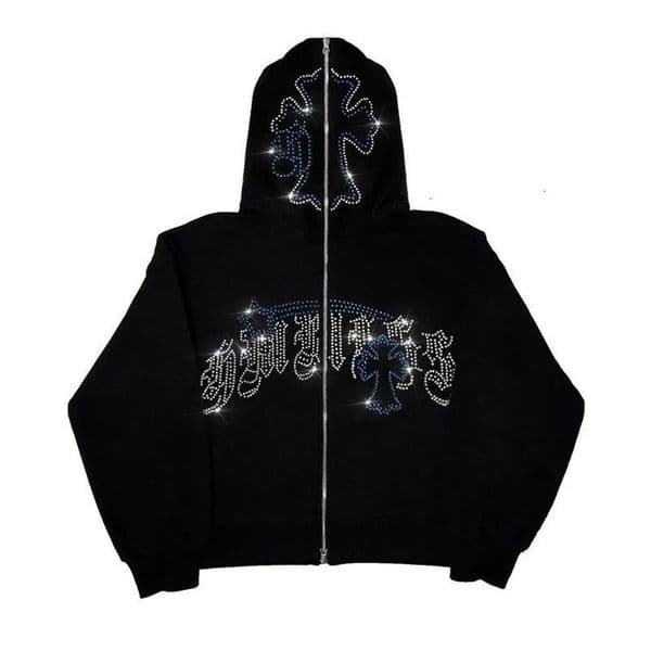 Woman Y2K Fashion Hoodie Rhinestones letter graphics Print Zip clothes Hoodies Goth Long Sleeve Sweatshirt Oversized Top w250819BJ
