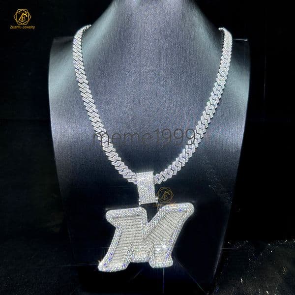 Newest Custom Personalized Hip Hop Jewelry Sterling Silver Initial Letter M Iced Pendant Cuban Chain Moissanite 925 Parties